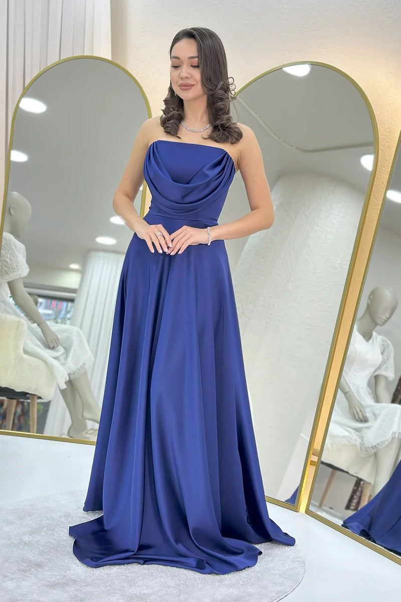 Women's Navy Blue Strapless Satin Long Evening Gown