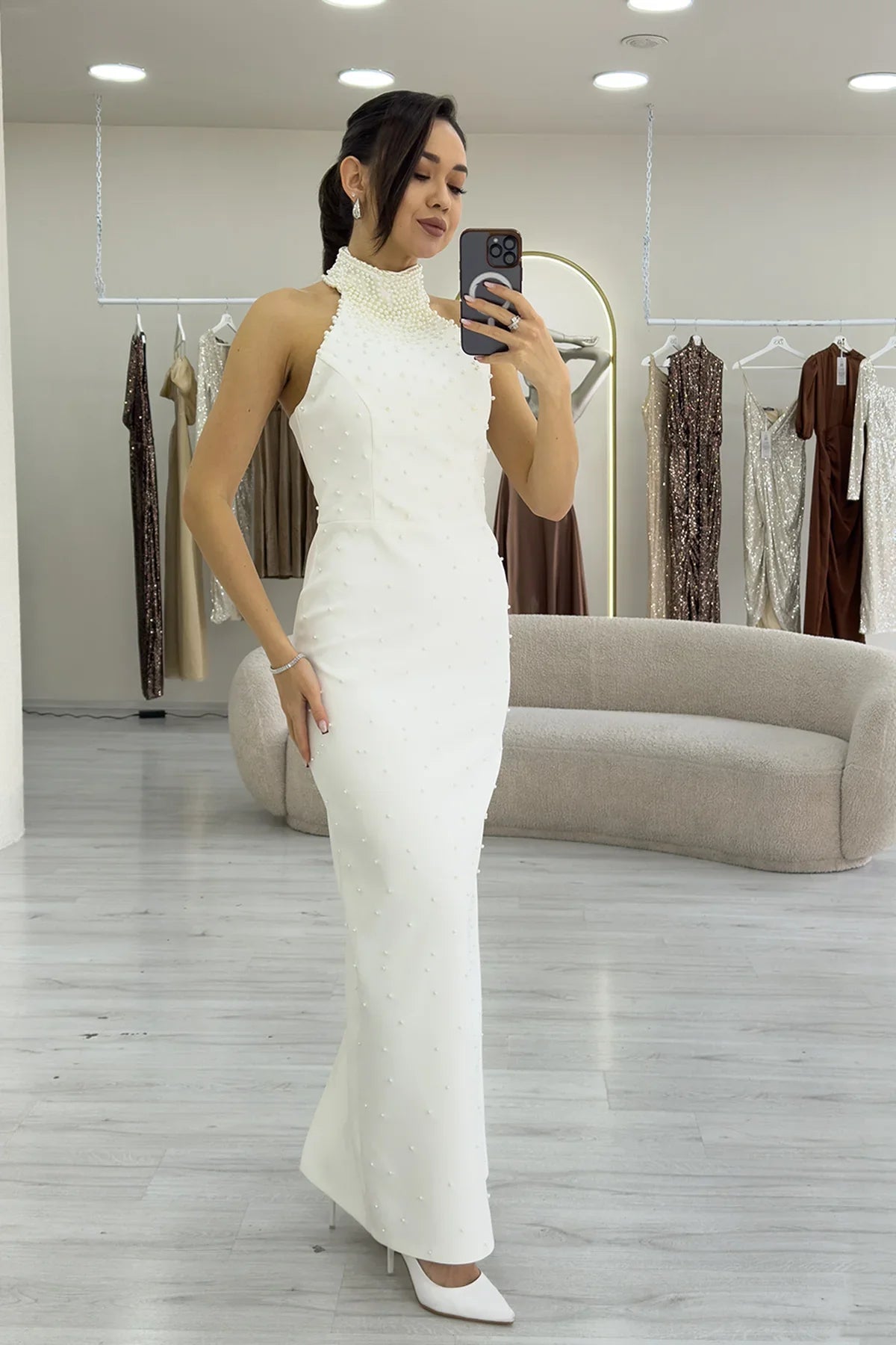 Women's White Pearl Halter Neck Nikah Evening Gown