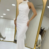 فستان سهرة ماكسي أبيض مطرز بالخرز