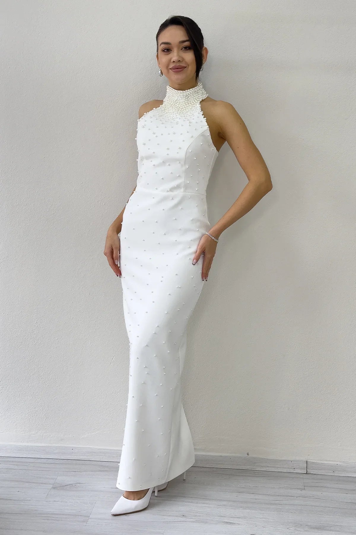 Women's White Pearl Halter Neck Nikah Evening Gown