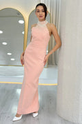 Powder Pink Beaded Maxi Evening Dress
