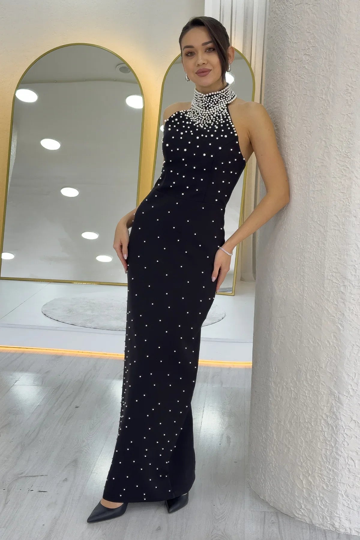 Women's Black Pearl Halter Neck Evening Gown