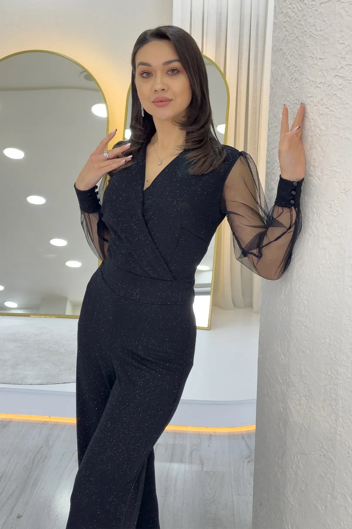 Women's Black Glitter Wrap Neck Tulle Sleeve Evening Gown Jumpsuit