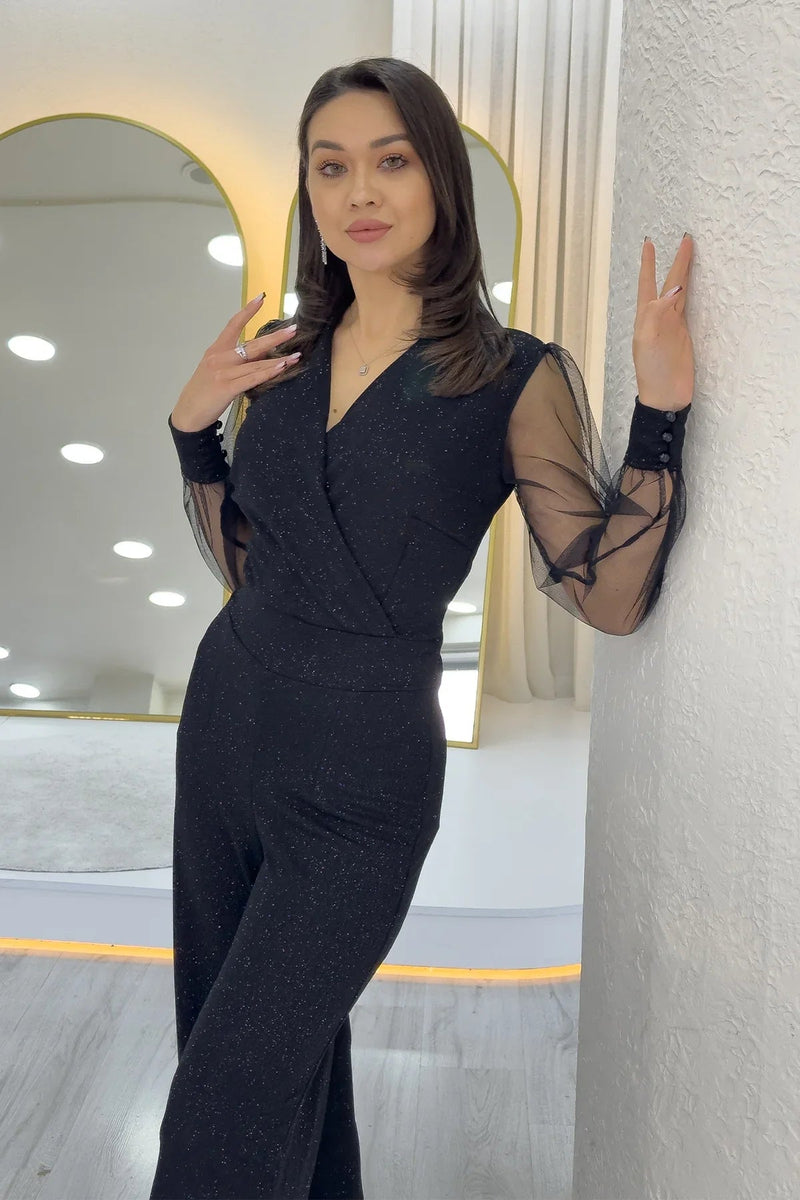 Women's Black Glitter Wrap Neck Tulle Sleeve Evening Gown Jumpsuit