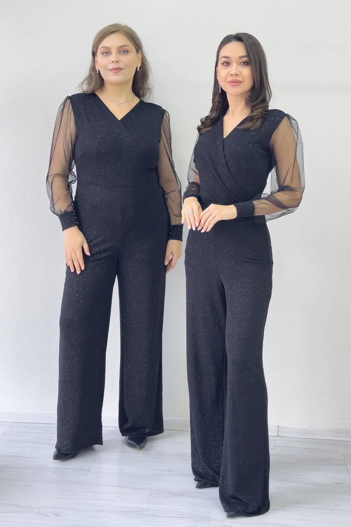 Women's Black Glitter Wrap Neck Tulle Sleeve Evening Gown Jumpsuit