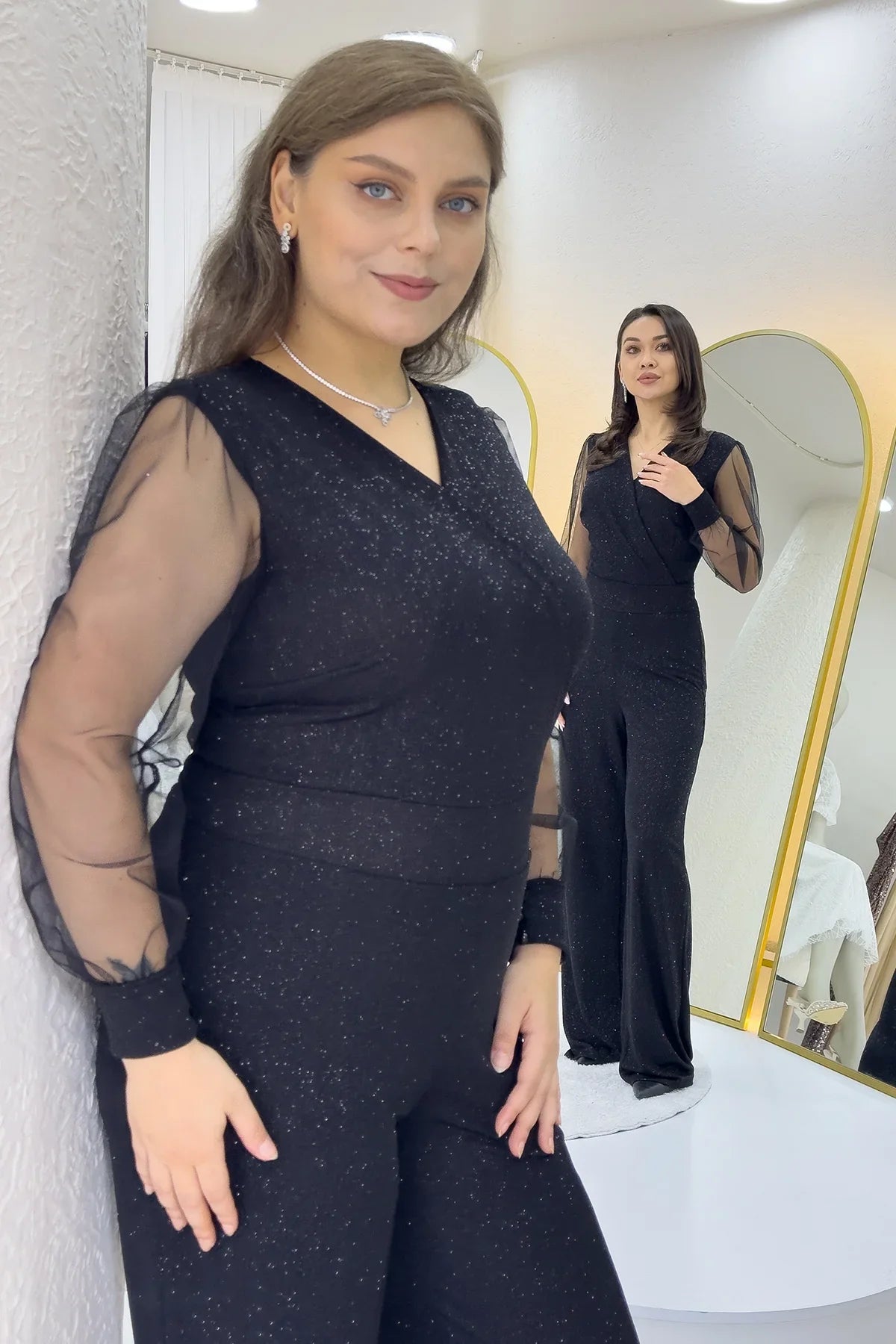 Women's Black Glitter Wrap Neck Tulle Sleeve Evening Gown Jumpsuit