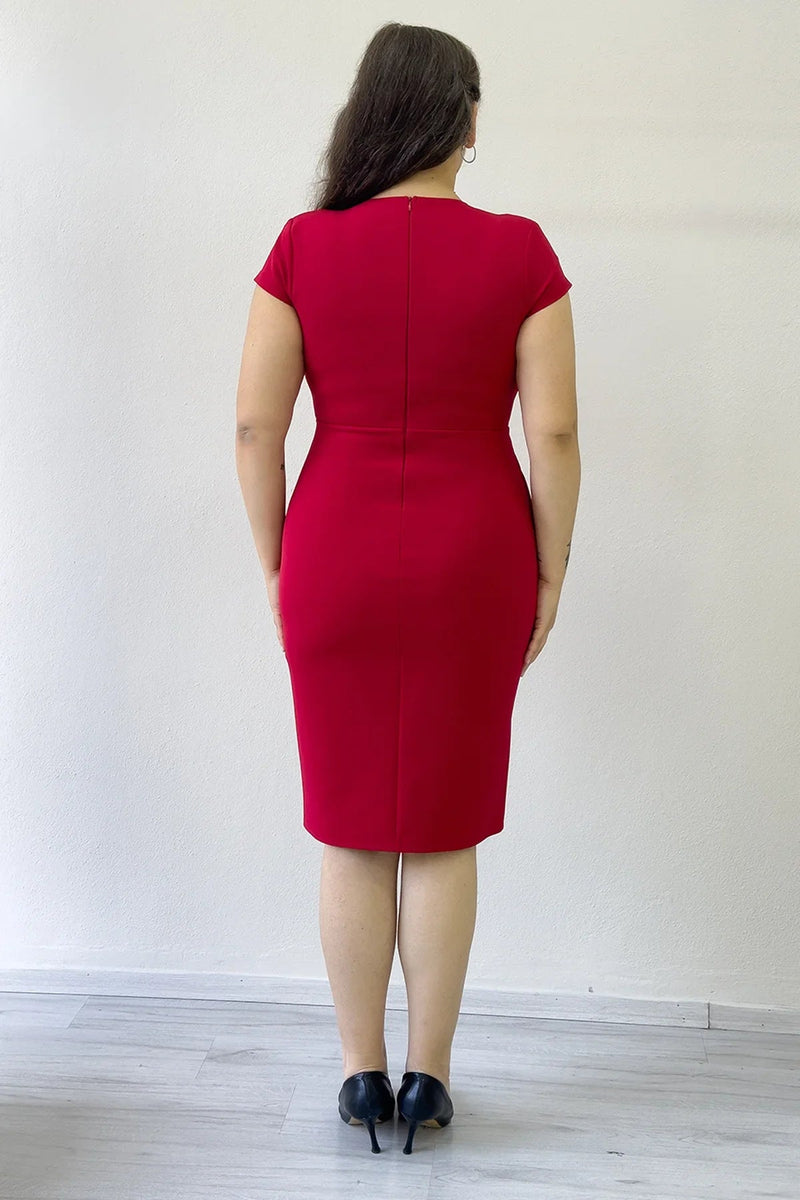 Women's Red Wrap Neck Midi Plus Size Dress