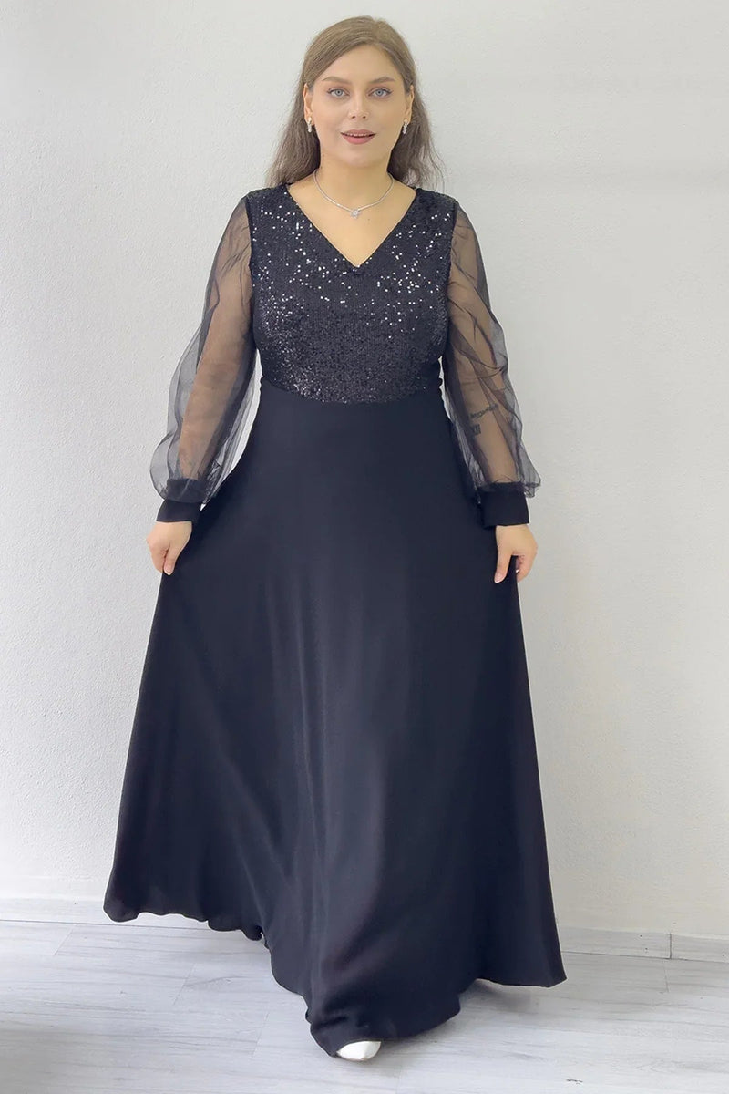 Women's Black Sheer Sleeve Sequin Plus Size Evening Gown