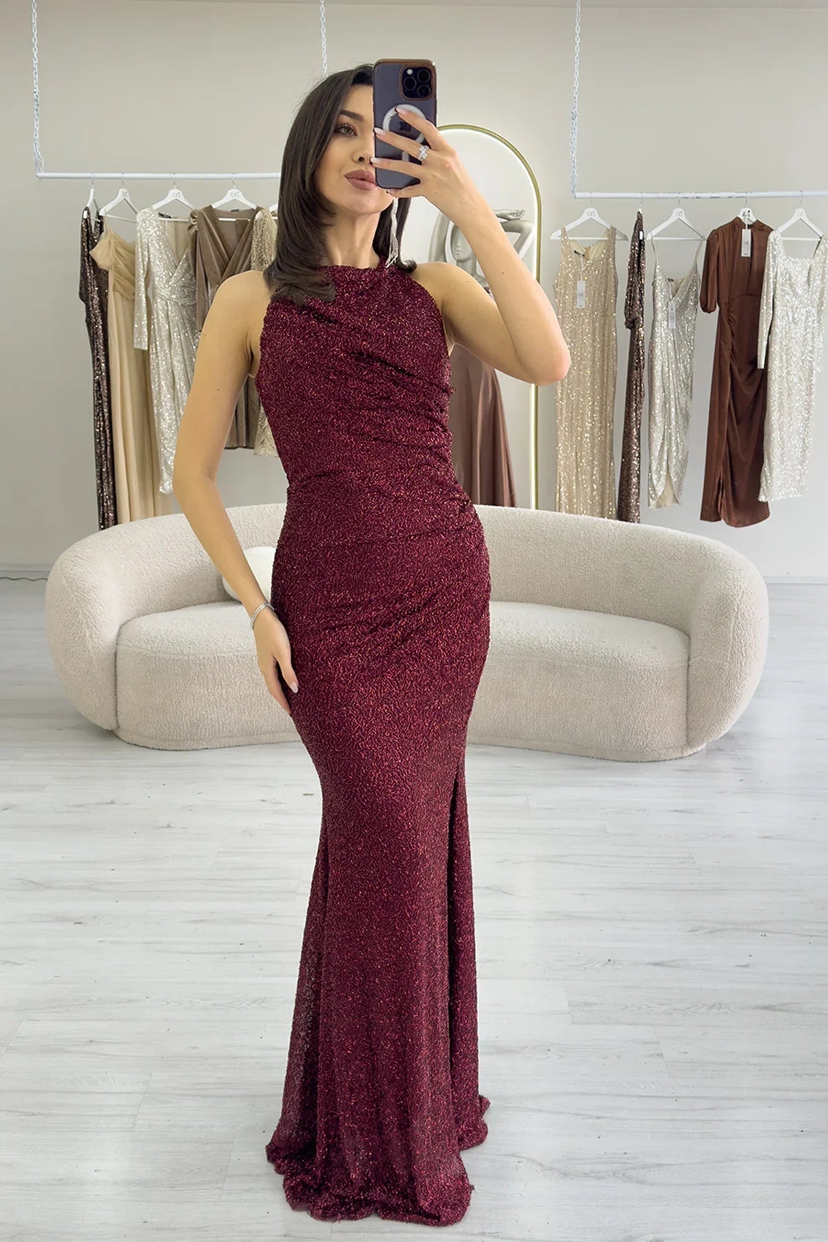 Women's Burgundy Embellished Halter Neck Draped Slit Evening Gown