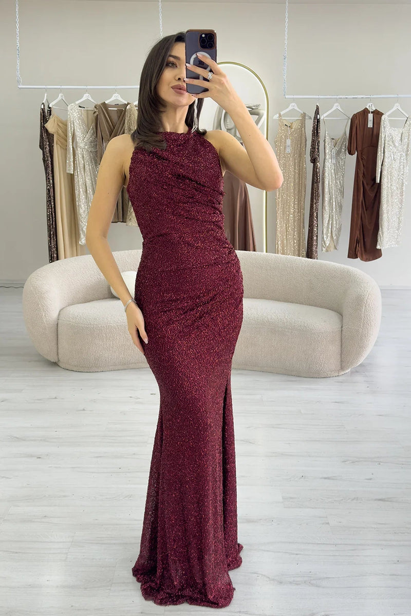 Women's Burgundy Embellished Halter Neck Draped Slit Evening Gown