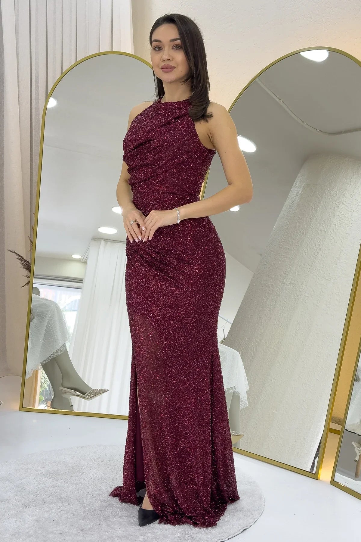 Women's Burgundy Embellished Halter Neck Draped Slit Evening Gown