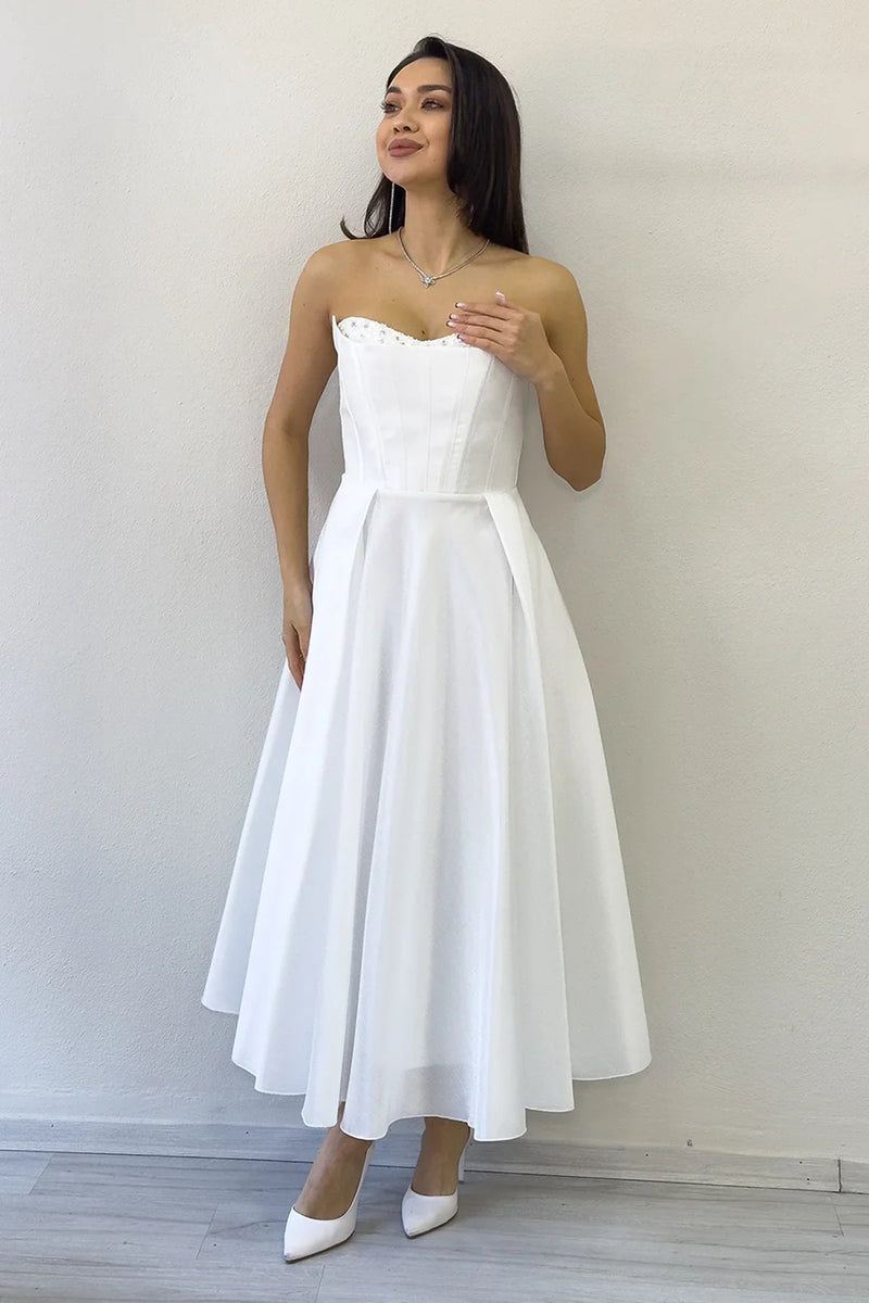 Women's White Beaded Strapless Corset Görünümlü Midi Prenses Nikah Evening Gown