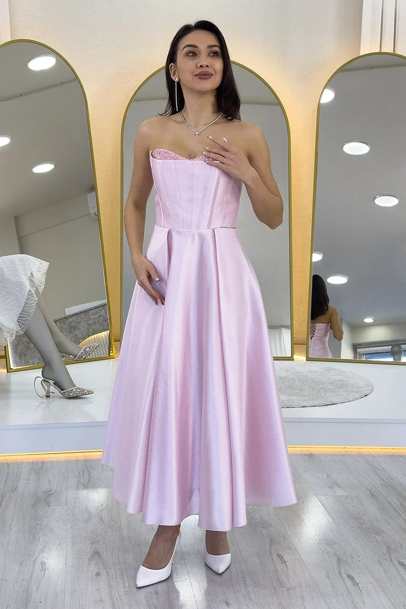 Women's Powder Pink Beaded Strapless Corset Görünümlü Midi Prenses Evening Gown