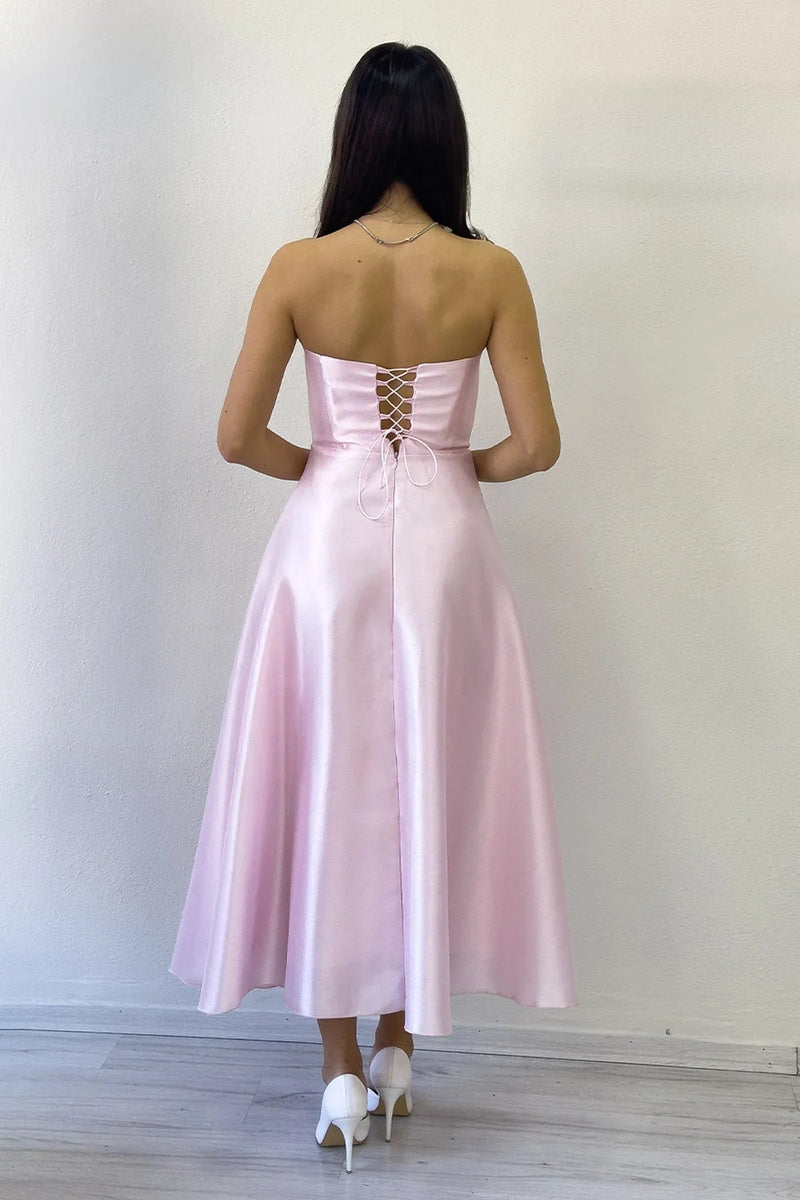 Women's Powder Pink Beaded Strapless Corset Görünümlü Midi Prenses Evening Gown