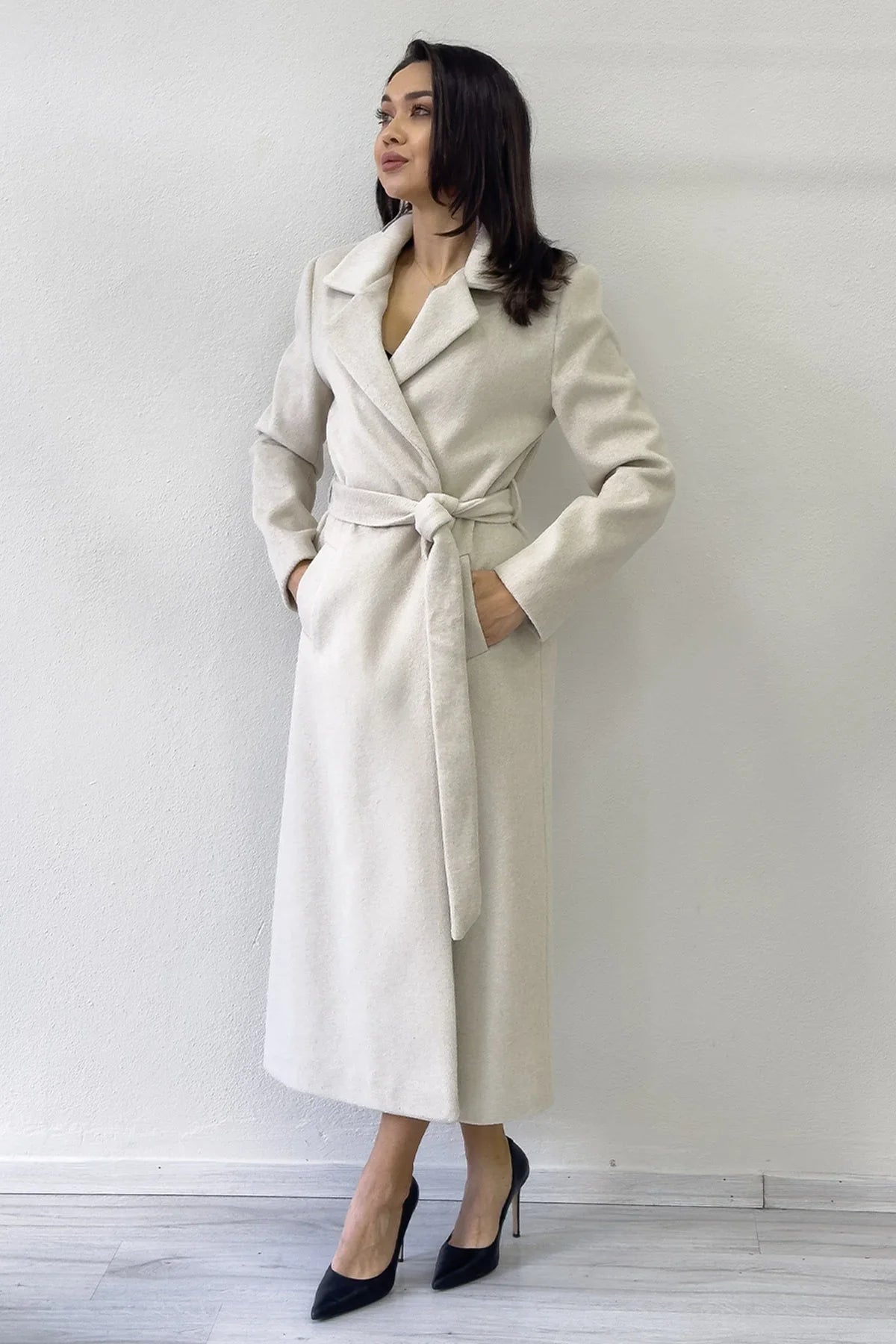 Women's Beige Lined Belted Wool Blend Coat