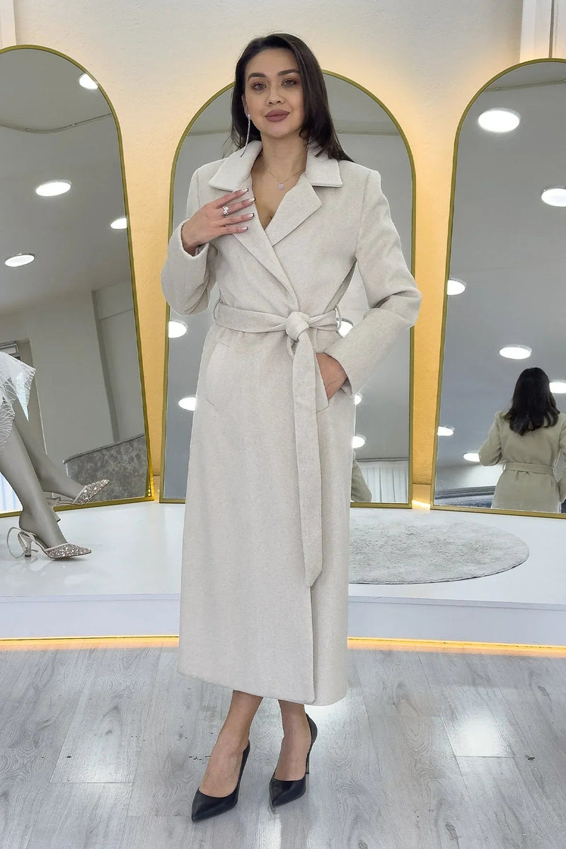 Women's Beige Lined Belted Wool Blend Coat