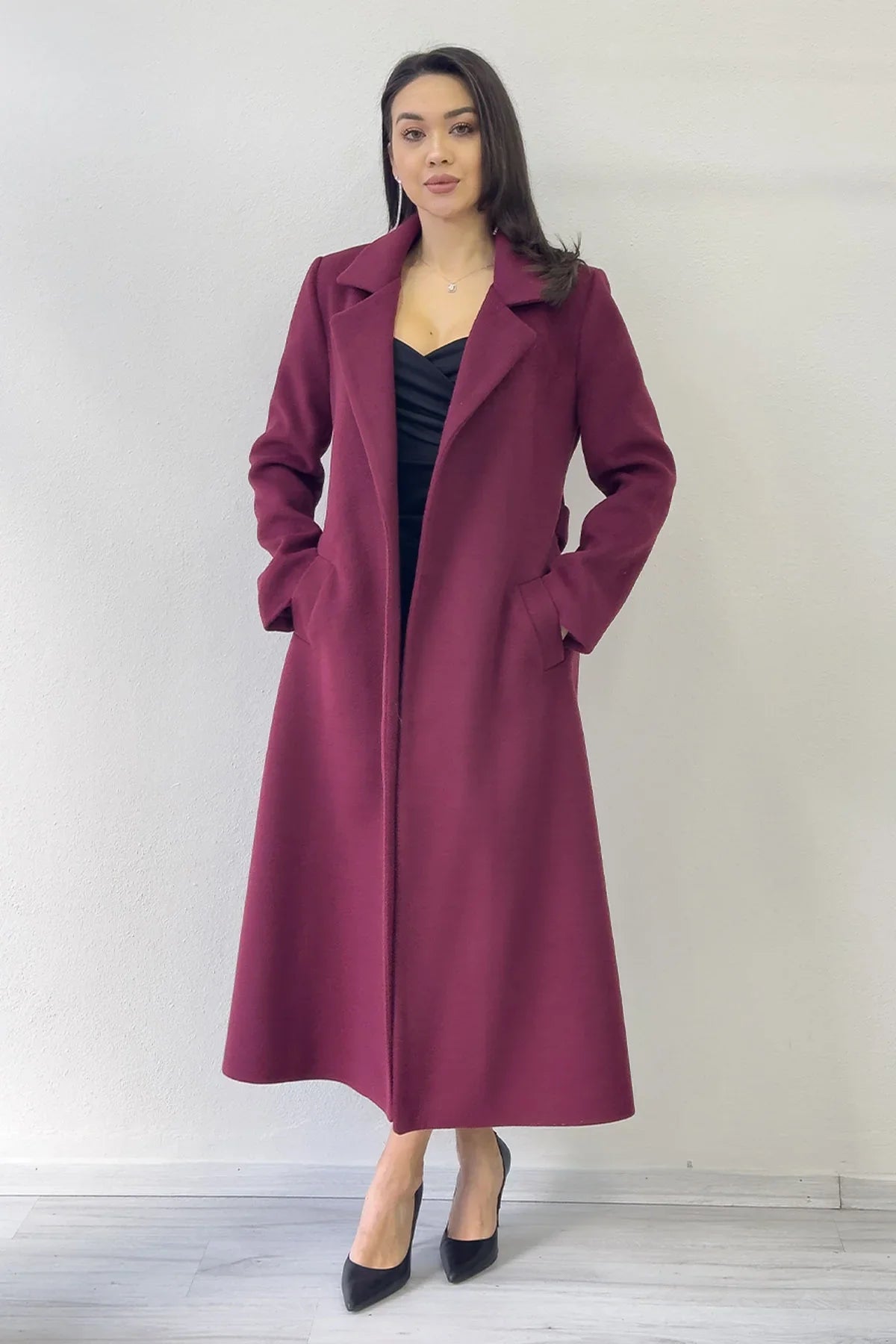 Women's Burgundy Lined Belted Wool Blend Coat