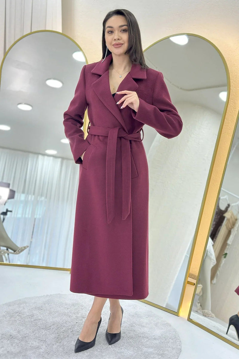 Women's Burgundy Lined Belted Wool Blend Coat