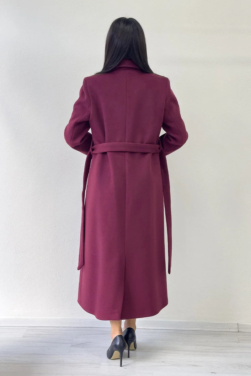 Women's Burgundy Lined Belted Wool Blend Coat