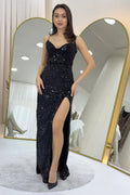 Black Deep Slit Sequin Evening Dress
