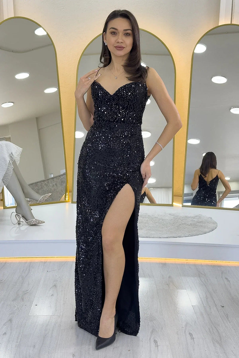 Women's Black Spaghetti Strap Sequin Slit Evening Gown