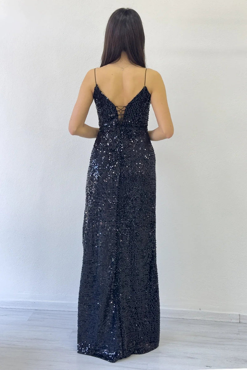 Women's Black Spaghetti Strap Sequin Slit Evening Gown