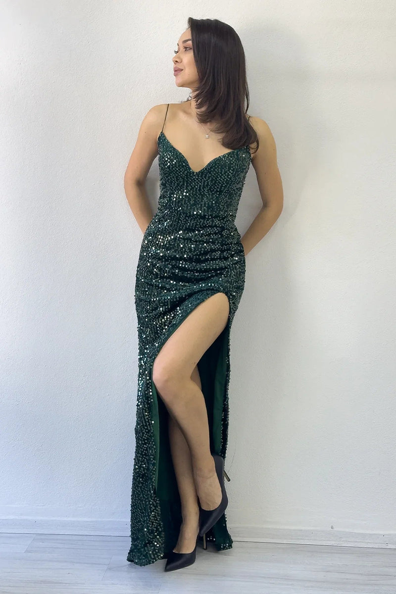Women's Green Spaghetti Strap Sequin Slit Evening Gown