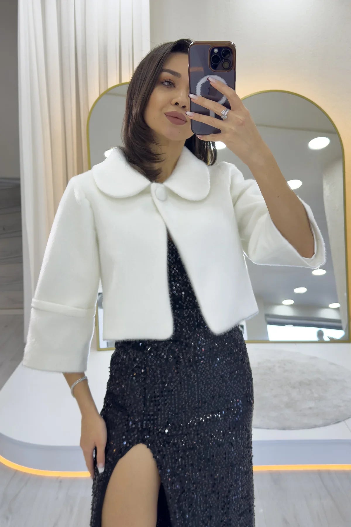 Women's White Single Button Lined Fur Coat Görünümlü Evening Gown Jacket