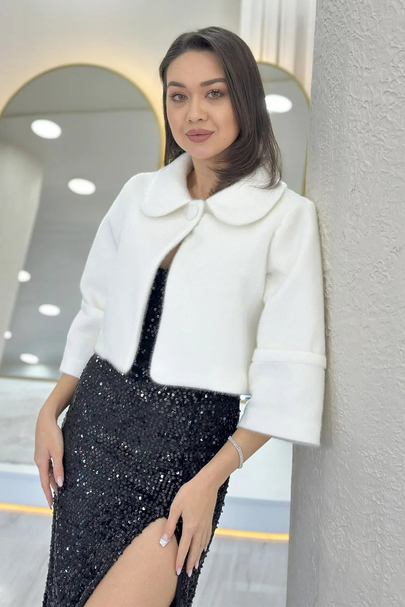 Women's White Single Button Lined Fur Coat Görünümlü Evening Gown Jacket