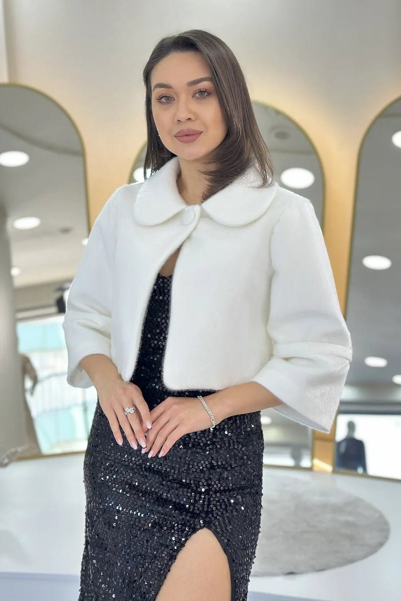 Women's White Single Button Lined Fur Coat Görünümlü Evening Gown Jacket