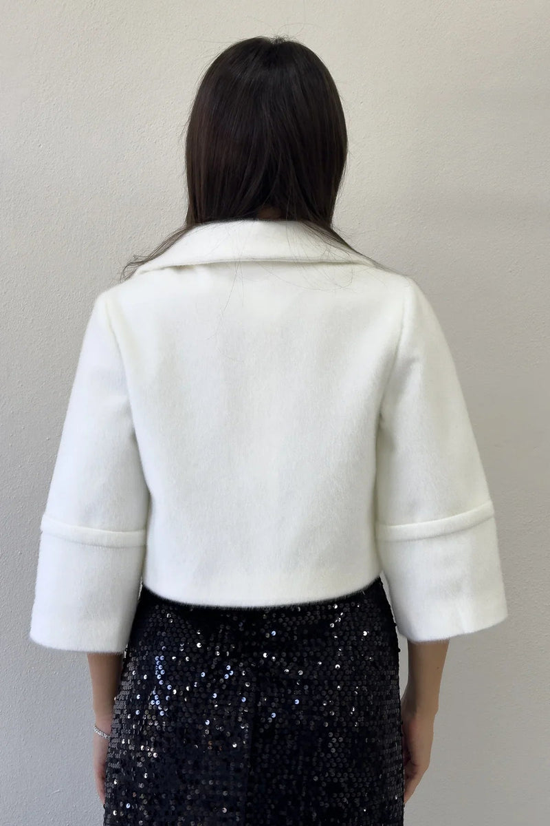 Women's White Single Button Lined Fur Coat Görünümlü Evening Gown Jacket