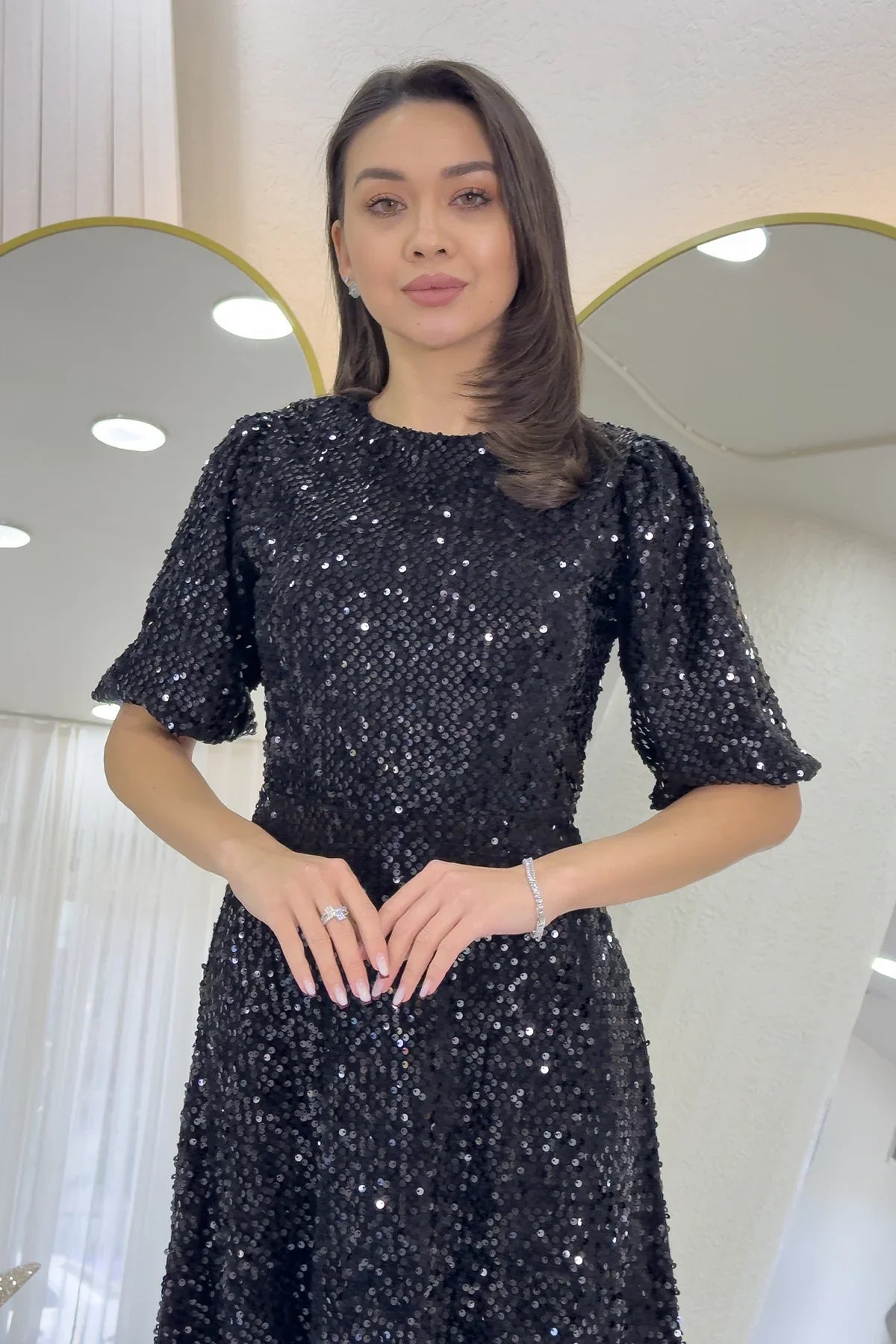 Women's Black Balloon Sleeve Sequin Midi Evening Gown