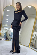 Black Drapedd Slit Evening Dress