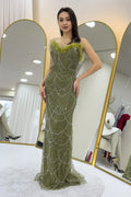 Khaki Strapless Maxi Feather Design Evening Dress