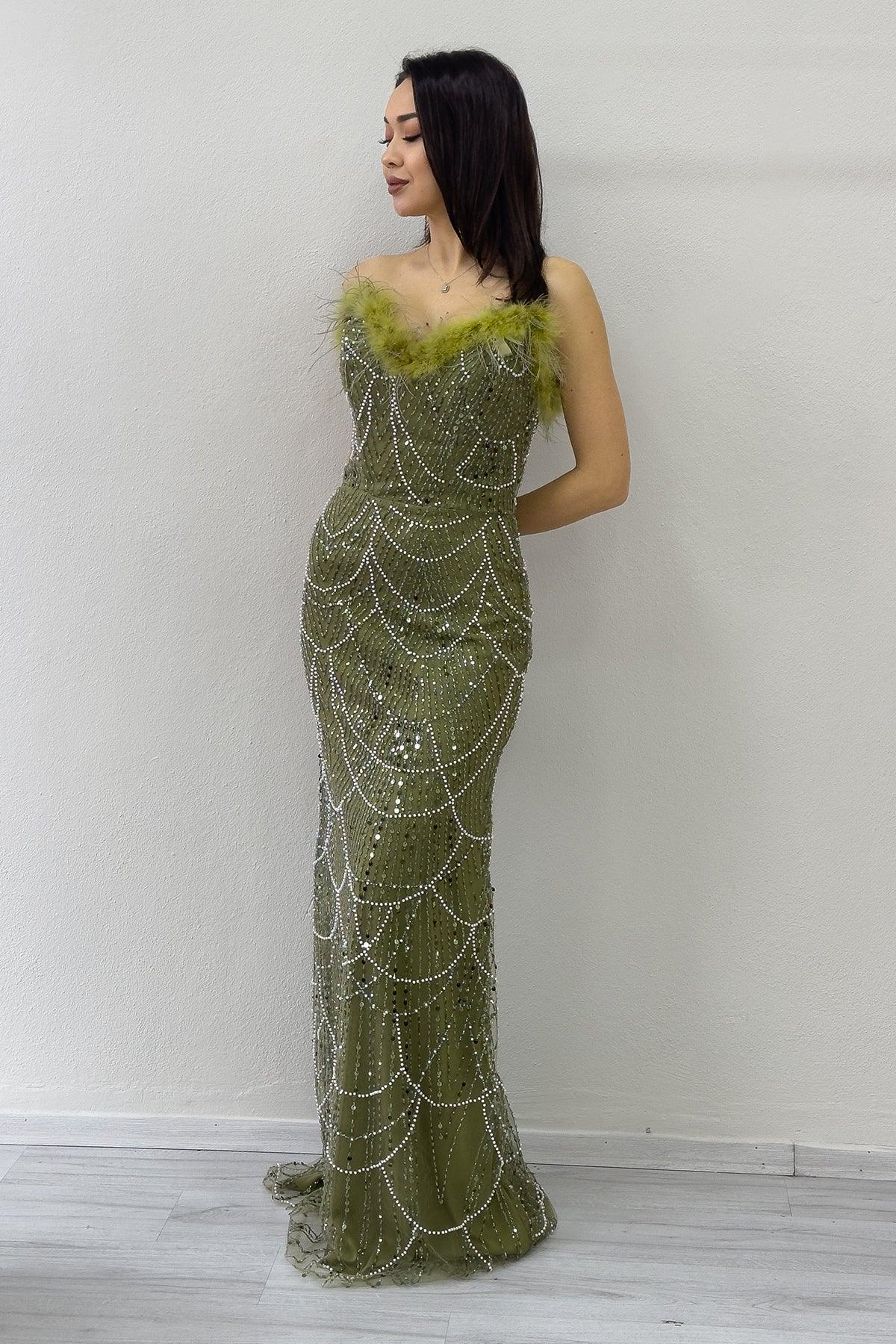 Women's Khaki Strapless Embellished Otriş Detail Evening Gown