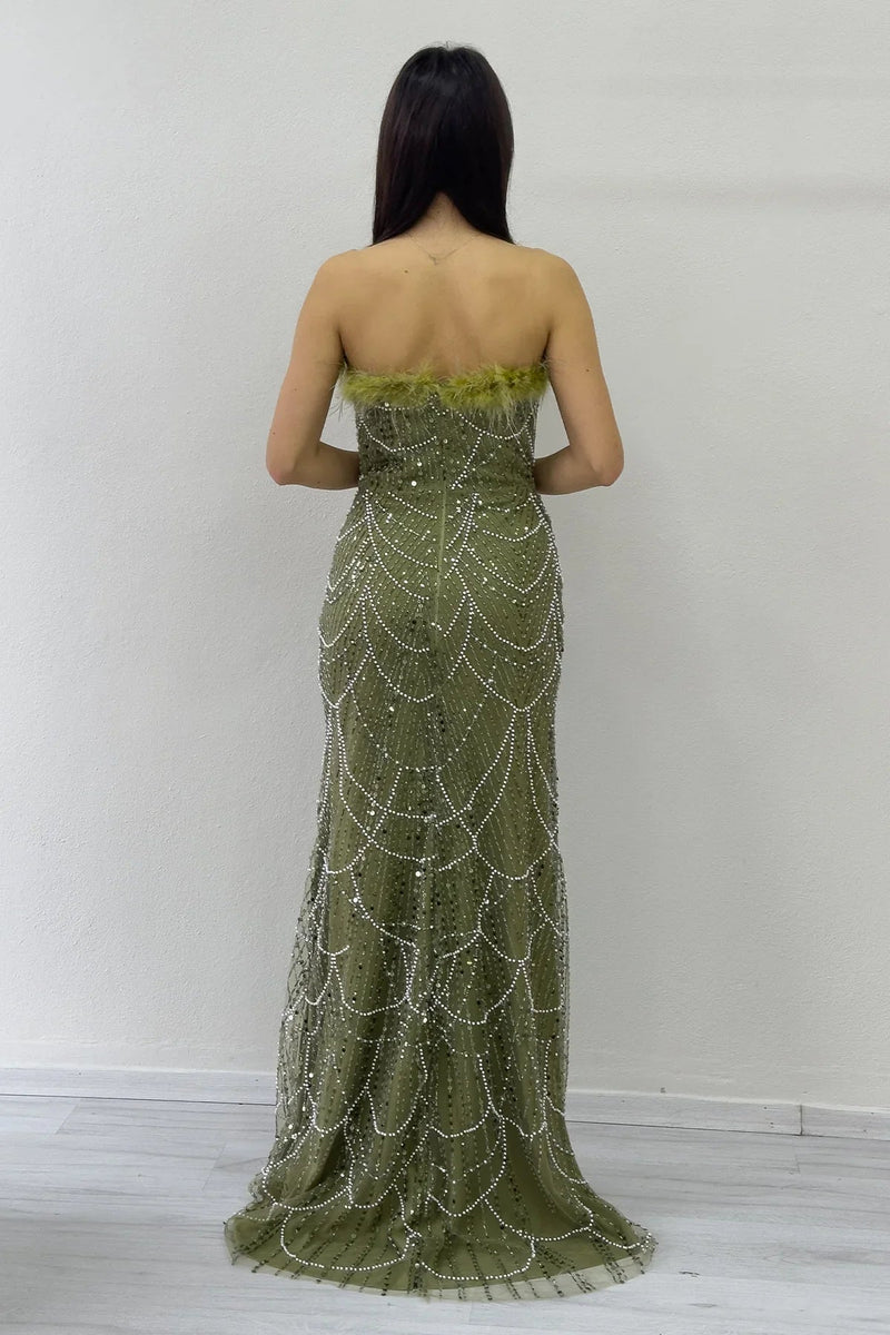 Women's Khaki Strapless Embellished Otriş Detail Evening Gown