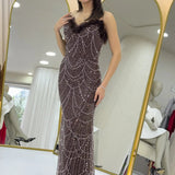 Brown Strapless Maxi Feather Design Evening Dress