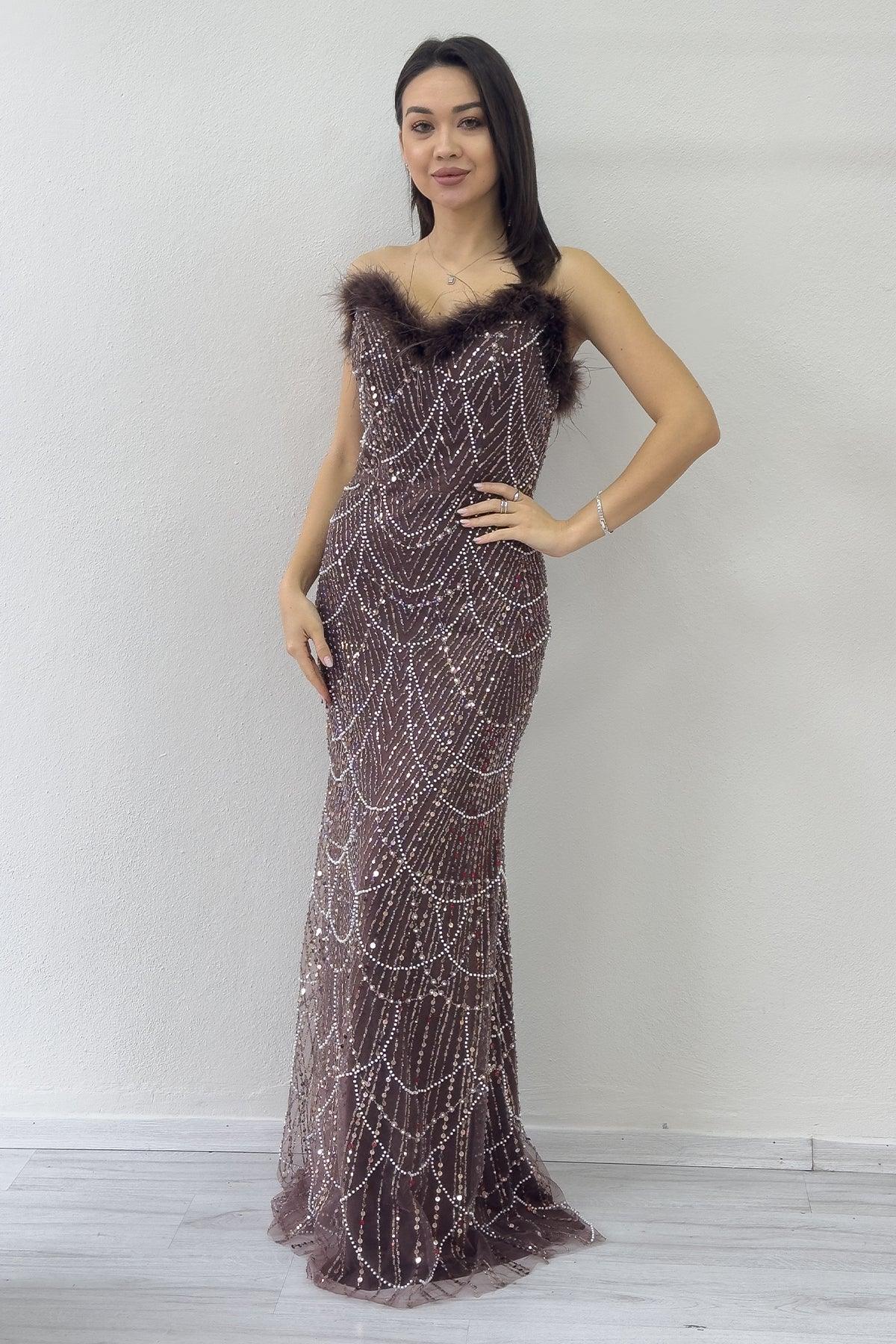 Women's Brown Strapless Embellished Otriş Detail Evening Gown
