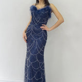 Navy Blue Strapless Maxi Feather Design Evening Dress