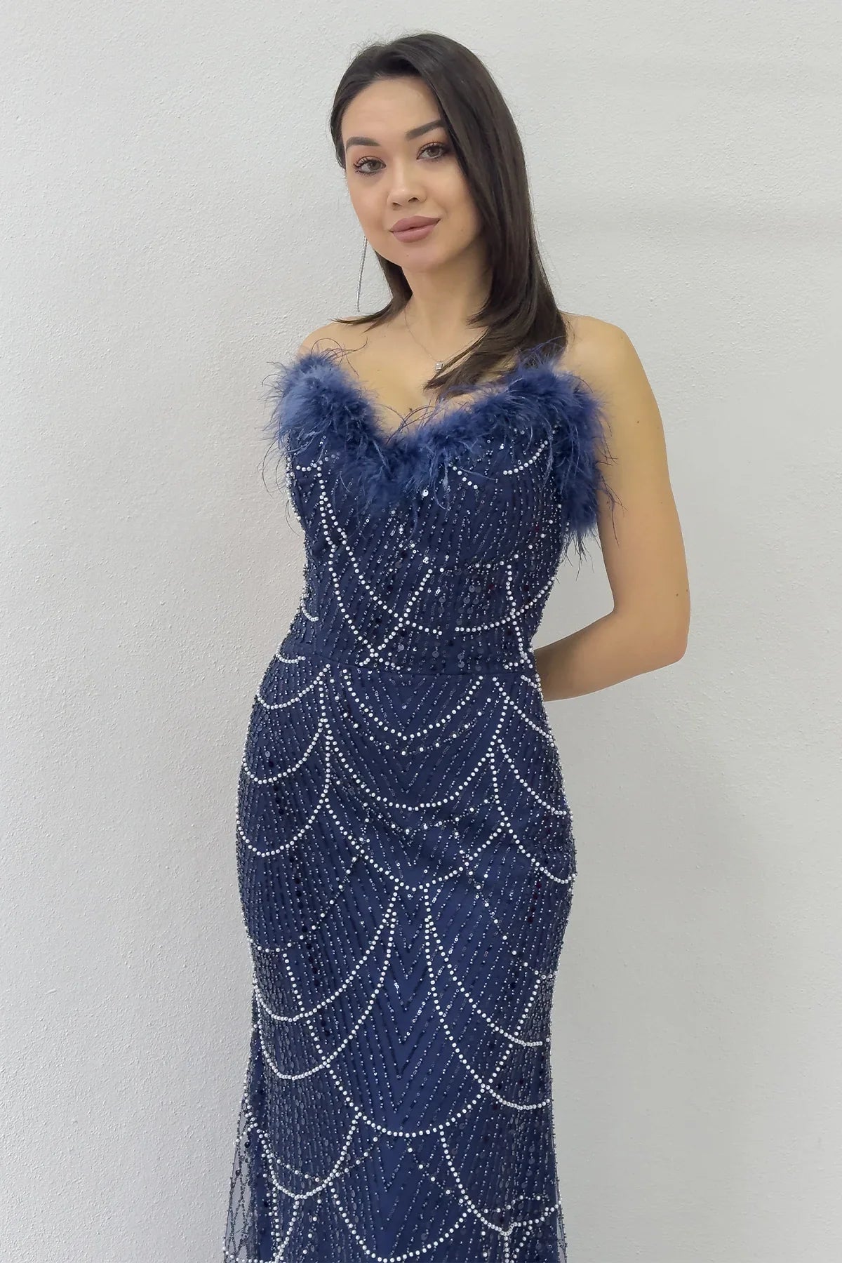 Women's Navy Blue Strapless Embellished Otriş Detail Evening Gown