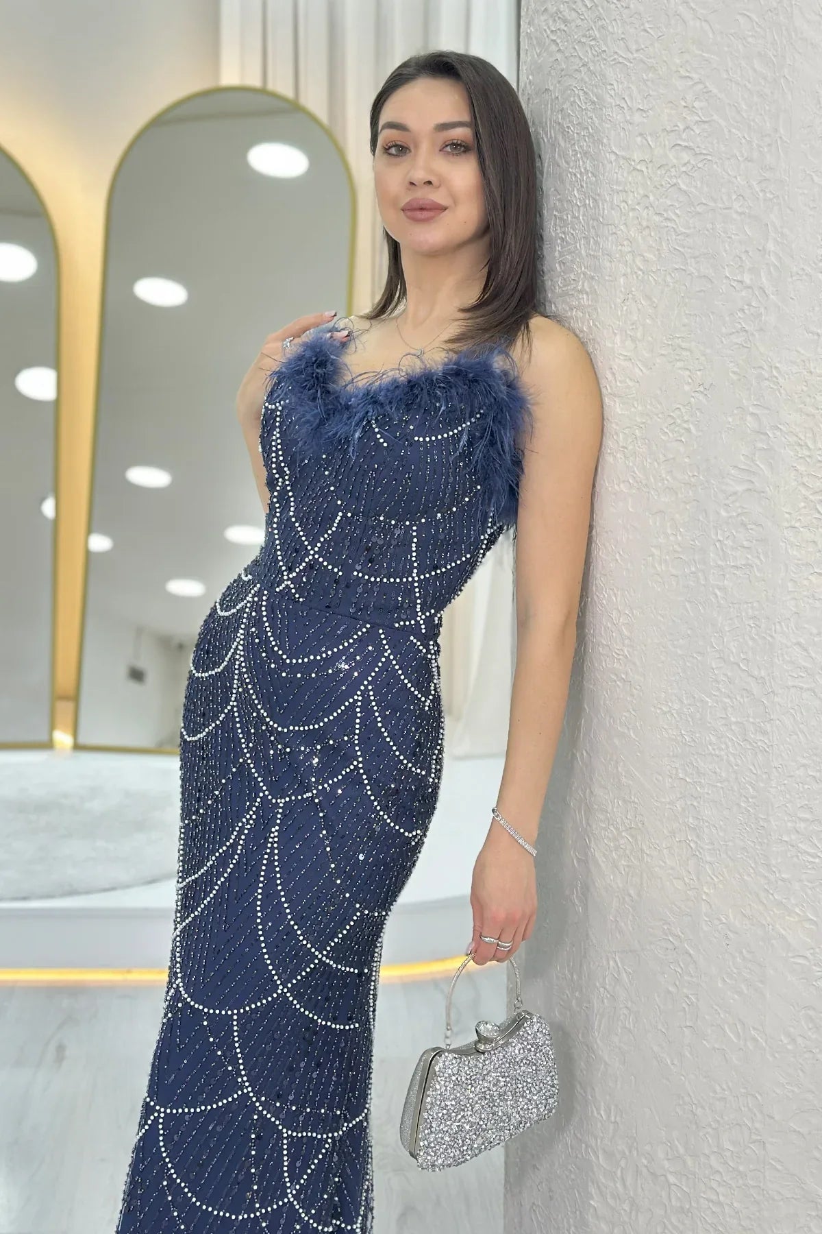 Women's Navy Blue Strapless Embellished Otriş Detail Evening Gown