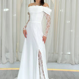 فستان سهرة أبيض من الدانتيل مكشوف الكتفين