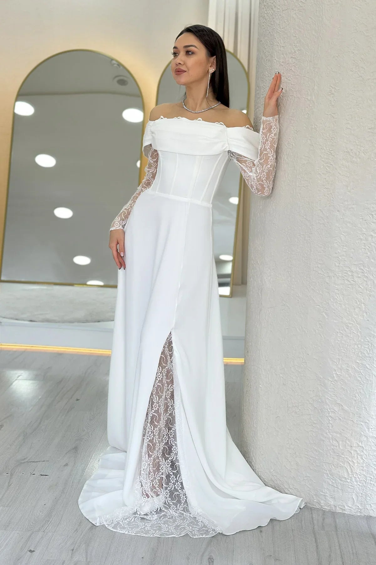 Women's White Lace Sleeve Slit Tasarım Nikah Evening Gown