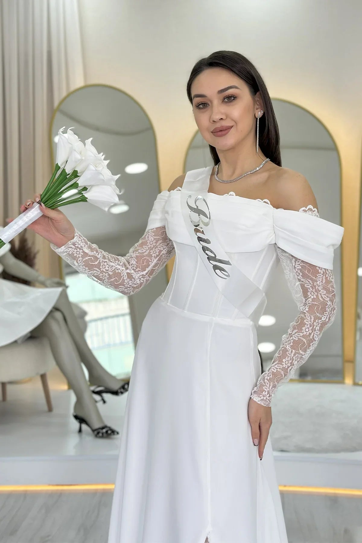 Women's White Lace Sleeve Slit Tasarım Nikah Evening Gown