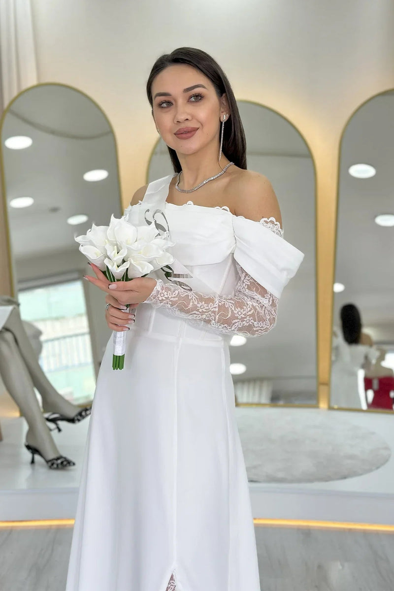 Women's White Lace Sleeve Slit Tasarım Nikah Evening Gown