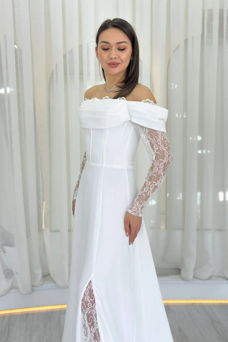Women's White Lace Sleeve Slit Tasarım Nikah Evening Gown