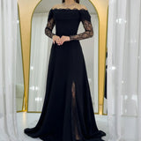 Black Off-Shoulder Lace Evening Dress