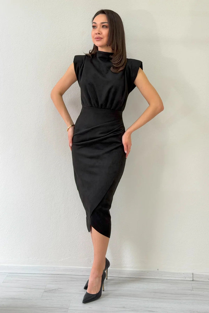 Women's Black Vatkalı Draped Suede Dress