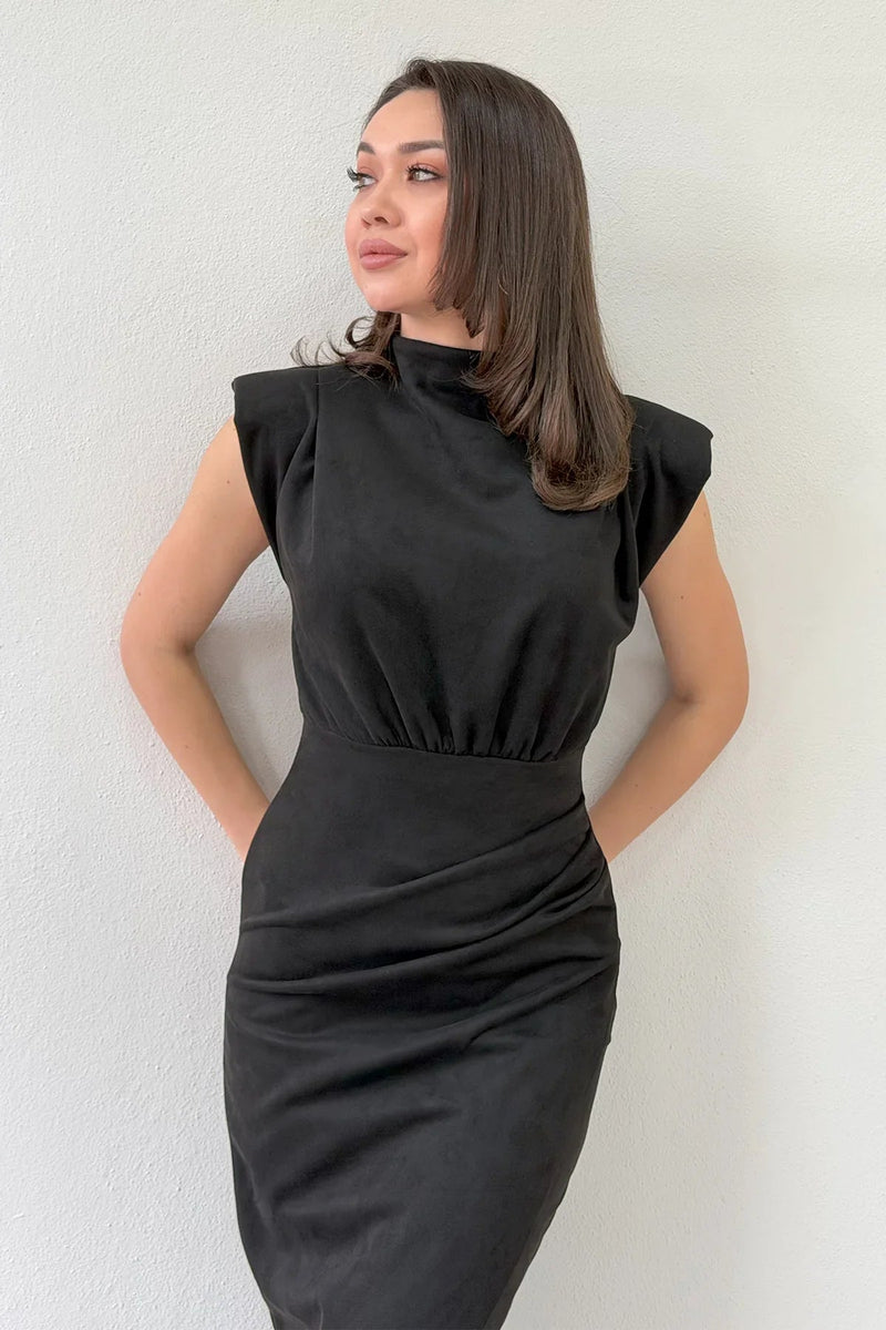 Women's Black Vatkalı Draped Suede Dress