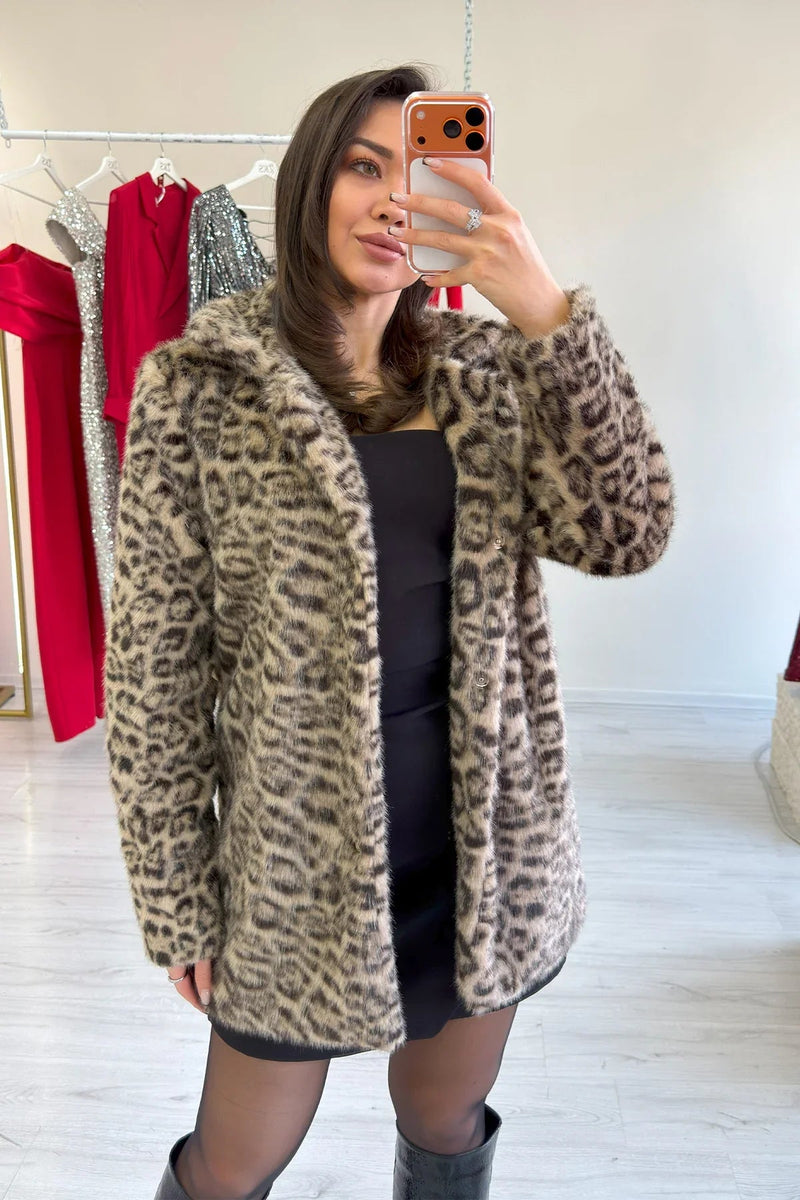 Women's Beige Leopard Print Snap Button Faux Fur